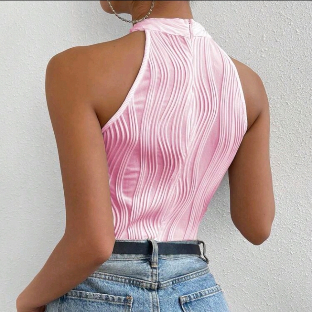 Women Summer Texture Halter Neck Casual Bodysuit - Picture 2 of 4